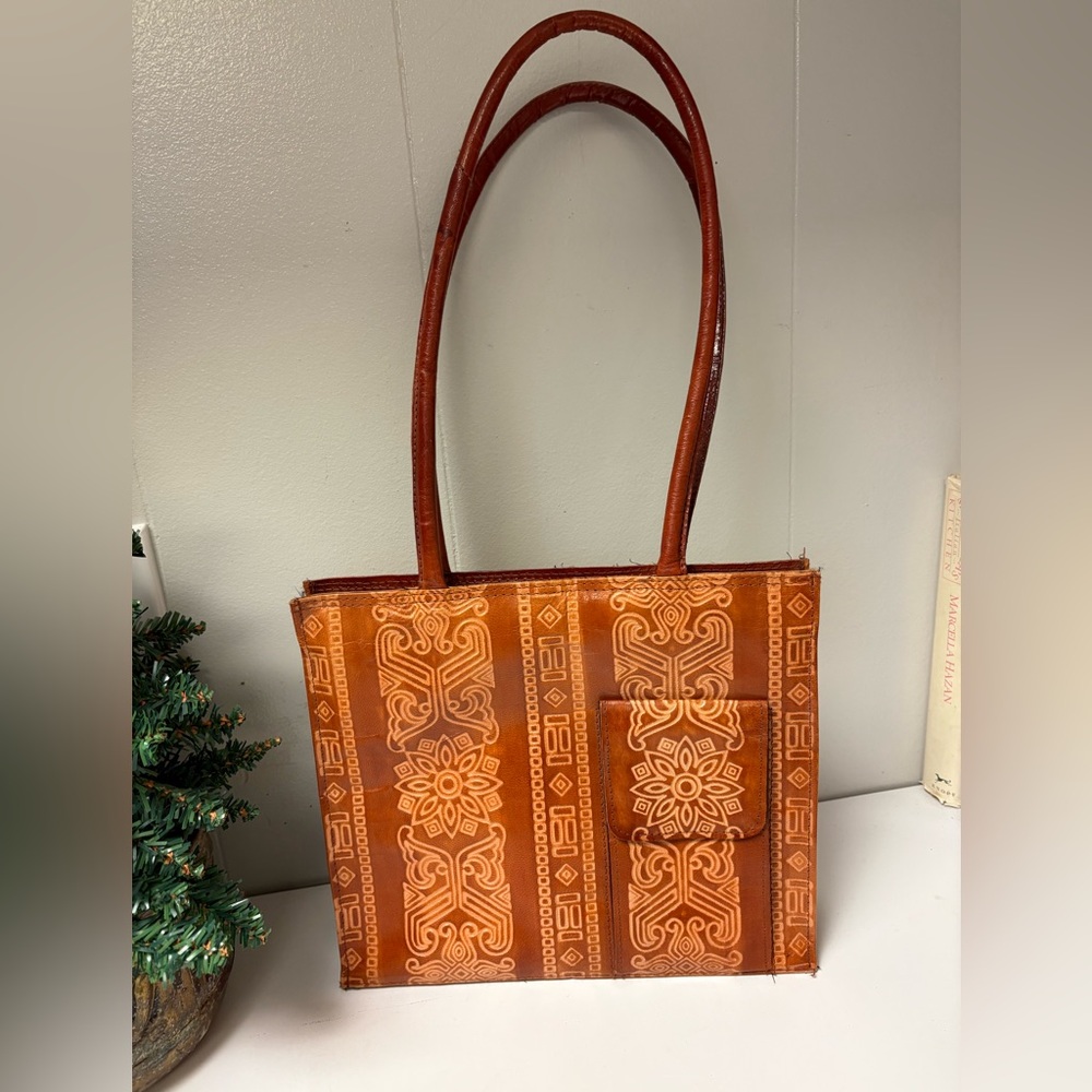 VTG Hand-Tooled Genuine Leather Tote Bag 60s/70s Bohemian Western Style 11x9.25”